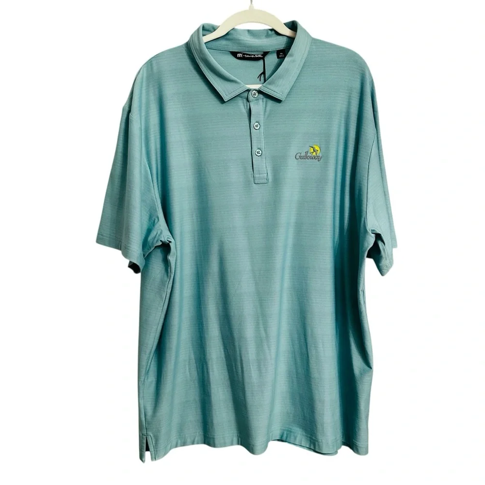 Travis Mathew NWT Galloway National GC Polo Logo Teal Green Gray Stripe XXL